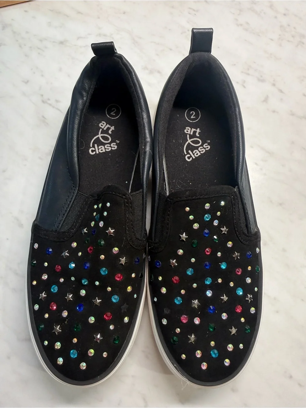 art class Black Slip-On Sneakers with Multicolor Gem & Star Accents